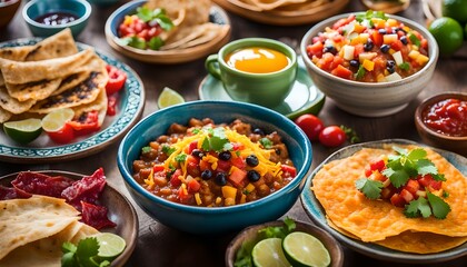 Variety of colorful mexican cuisine breakfast dishes on a table
