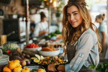 Obraz premium b'Portrait of a young female chef smiling in a commercial kitchen'