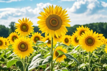 b'Field of sunflowers with a single sunflower in the foreground'