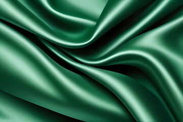Obraz premium Green silk fabric luxury background. Wavy abstract satin cloth texture pattern. Smooth shiny drape material curtain.