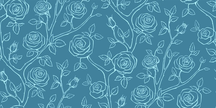 Elegant floral seamless pattern - branches with rose flowers. Repeat print with delicate petals and leaves. Simple line minimalism. Single color.