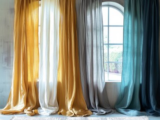Four panels of semi-transparent curtains of different lengths and colors