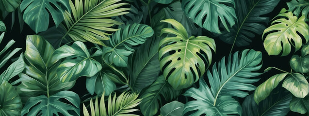 Botanical Bliss, Texture of Tropical Leaves in Green, Ideal for Desktop Wallpaper and Naturalistic Design Projects.
