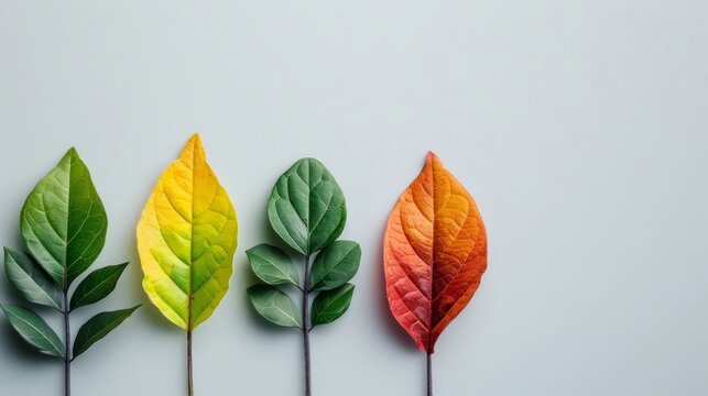 Four leaves in different autumn colors on a white background