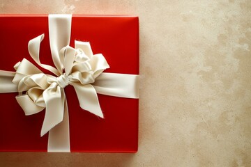 b'Red gift box with white ribbon'