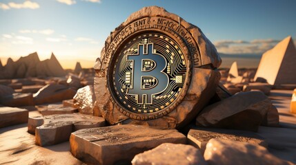 b'A large gold Bitcoin embedded in rocks in the desert' - obrazy, fototapety, plakaty