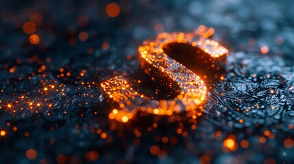 glowing orange dollar sign made of particles on a dark blue background