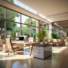 Fototapeta premium b'The office has a large glass window and a wooden desk with a computer on it.'