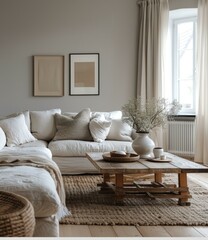 b'Bright living room with white sofa and natural textures'