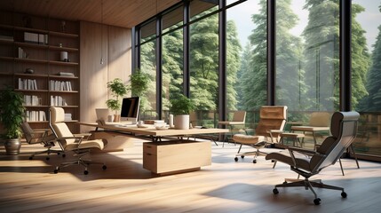 b'Modern office interior with large windows and wooden furniture'