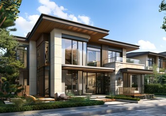 Fototapeta premium b'A modern two-story house with a beautiful courtyard'