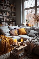 b'A cozy living room with a gray couch, yellow pillows, and a coffee table with candles and books'