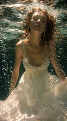 Obraz premium An ethereal woman wearing a white dress floats underwater