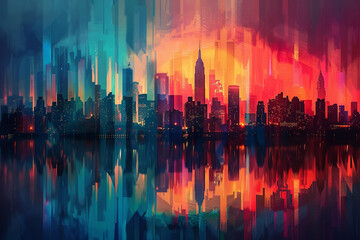 Fototapeta na wymiar A digital collage of cityscape silhouettes against a backdrop of colorful gradients.