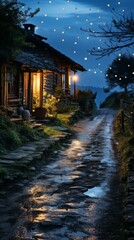 Obraz premium b'Stone cottage in the mountains at night'