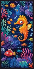 Fototapeta premium b'Undersea friends gather around a curious orange seahorse'