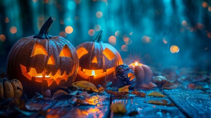 Obraz premium b'Halloween pumpkins glowing in the dark forest'