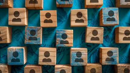 Hiring concept, wooden blocks with people icons on them, brick creativity fun learning decoration