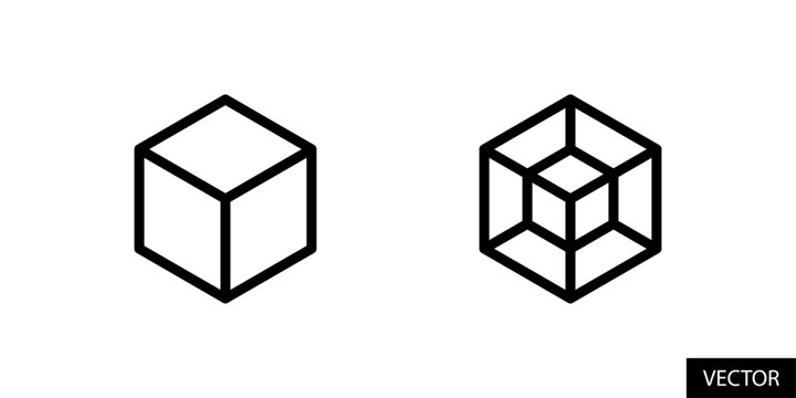 3D and 4D cube, three dimensional and four dimensional cube, hexahedron, tesseract icons in line style design for website, app, UI, isolated on white background. Editable stroke. Vector illustration.