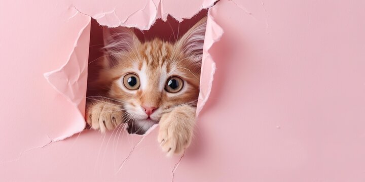 Funny gray domestic kitten peeking out with paws of torn wall hole. Beautiful striped small fluffy cat with big eyes on pink paper background. Free space for ads, text. Healthy happy cute pet. Poster