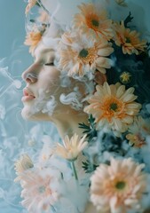 b'Young woman with flowers on her head and smoke around her face'