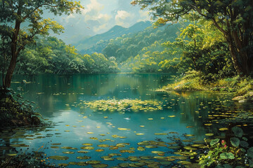 A serene landscape painting depicting a tranquil lake surrounded by lush greenery.
