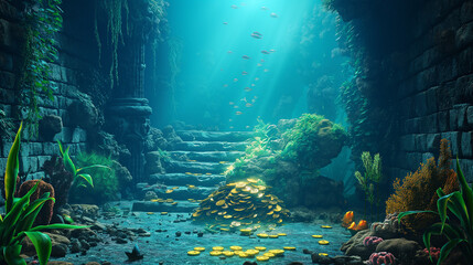 The Dark ancient fantasy palace corridor interior with Gold coin, Underwater background, Illustration