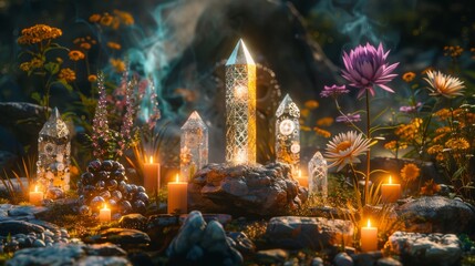 Fototapeta premium Mystical glowing crystals and candles in a beautiful fantasy forest setting