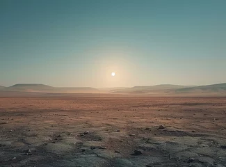 Foto op Aluminium b'A barren desert landscape with a large sun in the center of the sky' © Adobe Contributor