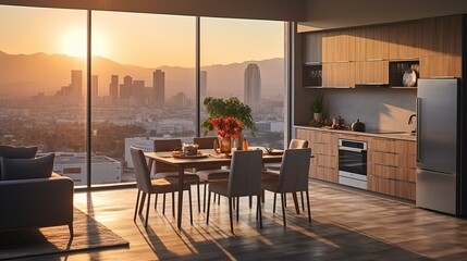b'Modern kitchen with a view of the city'