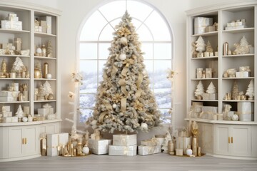 b'A beautiful Christmas tree in a living room with a large window'