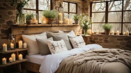 b'A cozy bedroom with a rustic stone wall and lots of natural light'