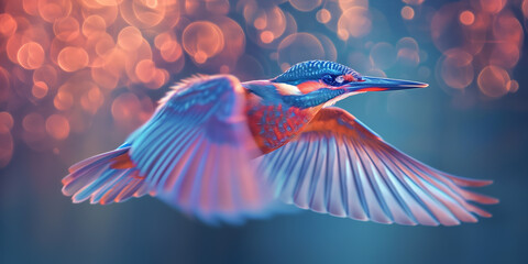 Seltener Kolibri Eisvogel in Neon Farben fliegt Nahaufnahme in Zeitlupe Zeitraffer als Querformat für Banner, ai generativ