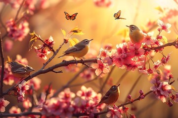 Imagine an enchanting image of a cheerful flock of birds harmoniously singing on branches of a tree embellished with spring flower blossoms. Soft morning sunlight filters through the leaves