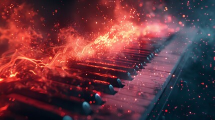 Piano on fire with flames and smoke