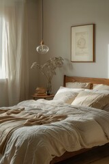 b'A cozy bedroom with a bed, a nightstand, and a painting'