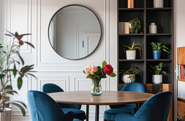 A modern dining room with a round wooden table, blue chairs and black bookshelves. The wall is white with wood paneling and there is an oval mirror hanging on the left side of it.