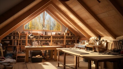 b'A carpentry workshop in the attic of a house'