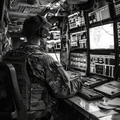 b'Soldier operates advanced military technology in a command center'