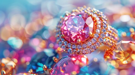 Pink diamond ring with diamonds and gemstones on a rainbow background.
