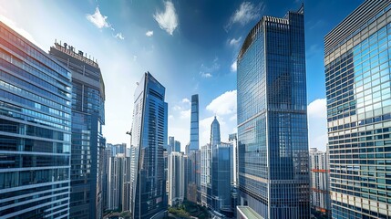 b'A cityscape of modern skyscrapers made of glass and steel with blue sky and white clouds in the background'