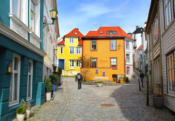 Old street with wooden houses in Bergen, Norway