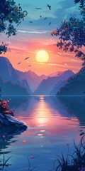 b'Tranquil sunset over a mountain lake'