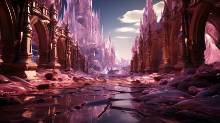 b'fantasy landscape with pink crystal structures'