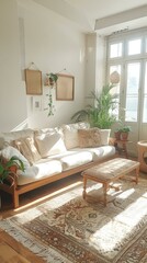 b'Bright living room with white sofa, plants, and vintage rug'