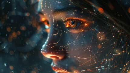 Portrait of a woman's face with glowing orange veins and a glowing eye.