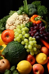 b'A variety of fruits and vegetables are arranged together in a visually appealing way'