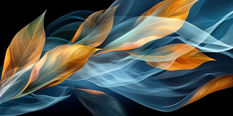 Stoff in Blatt Form mit orangenen und blauen Farben für Webdesign und Druckvorlage, ai generativ