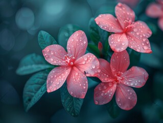 Raindrops on pink flower petals.