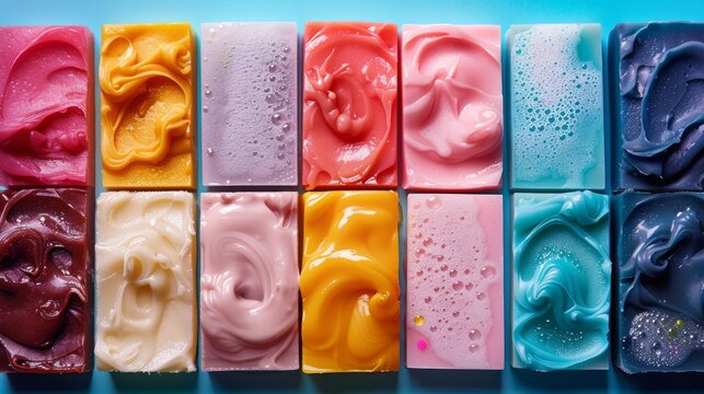 Rectangular blocks of various colors and textures are arranged in a row against a blue background.